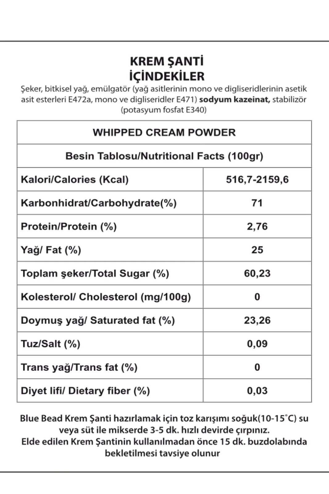 BLUE BEAD KREM ŞANTİ 1 Kg